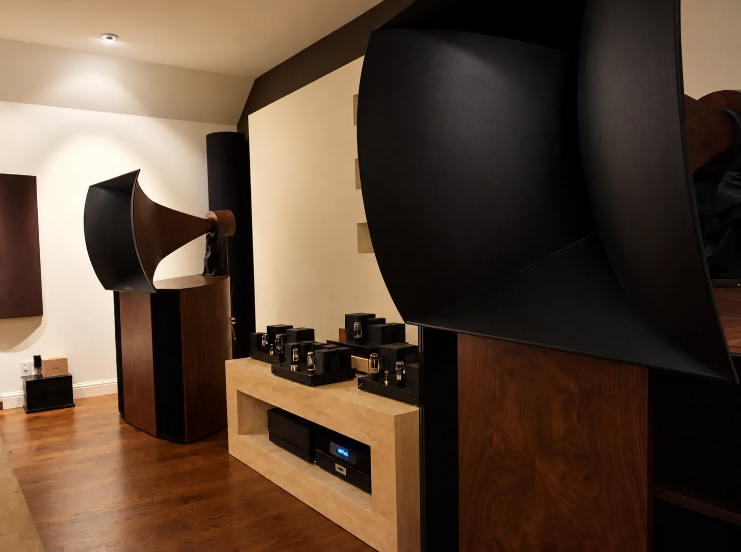 A listening room with Destination Audio horn loudspeakers and tube amplification.