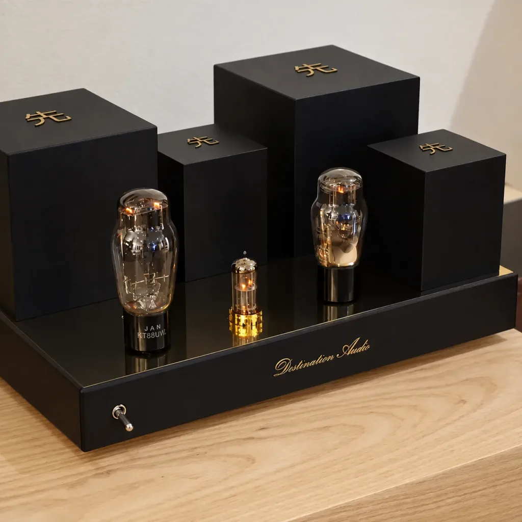 Three Vista 3-Way Horn Speakers of varying sizes displayed on a black staircase-like stand with the logo "Destination Audio" inscribed, set against a wooden surface.