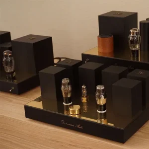 A set of luxurious Vista 3-Way Horn Speakers displayed on a wooden surface, with elegant black and gold finishes.