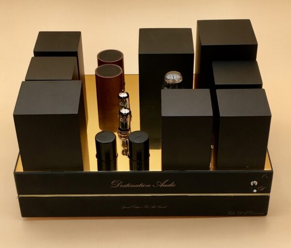 A display of cosmetic products with various black and gold packaging, set on a golden tray labeled "destination shades" by the art of beauty, enhanced by a Digital-to-Analog Converter.
