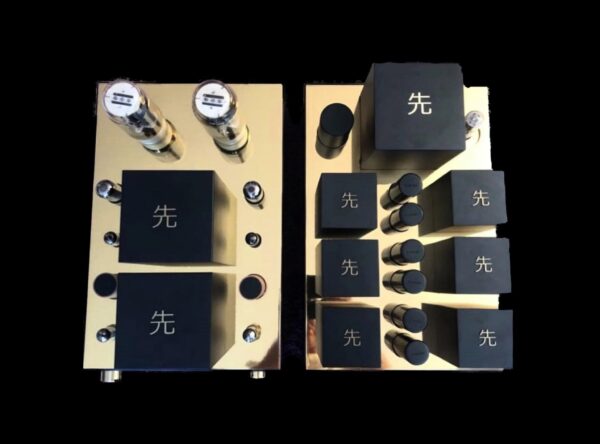 Top view of a GM70 Integrated Amplifier with four visible tubes and multiple black control knobs, each marked with a Chinese character.