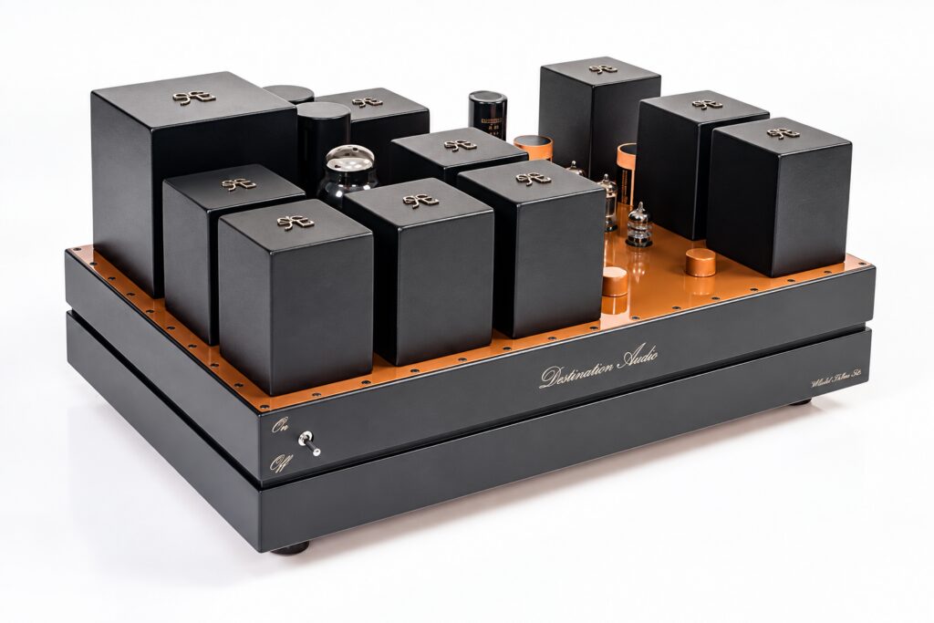 High-end tube amplifier with multiple black transformer covers and a wooden base, featuring The Phono Stage branding and visible tubes.