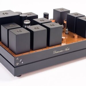 High-end tube amplifier with multiple black transformer covers and a wooden base, featuring The Phono Stage branding and visible tubes.