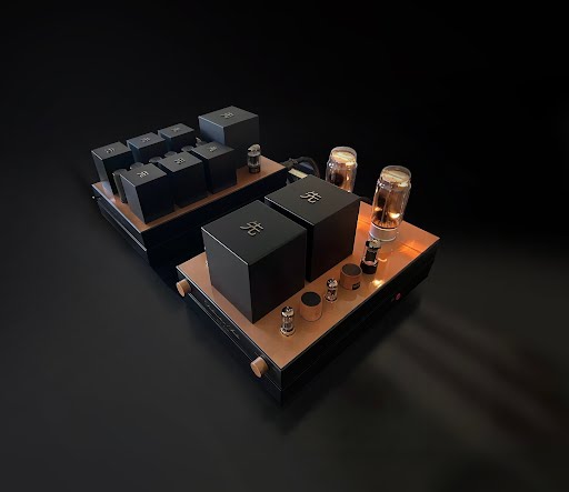 A GM70 Integrated Amplifier setup with glowing tubes, black metal chassis, and gleaming accents on a dark background for the discerning audiophile.