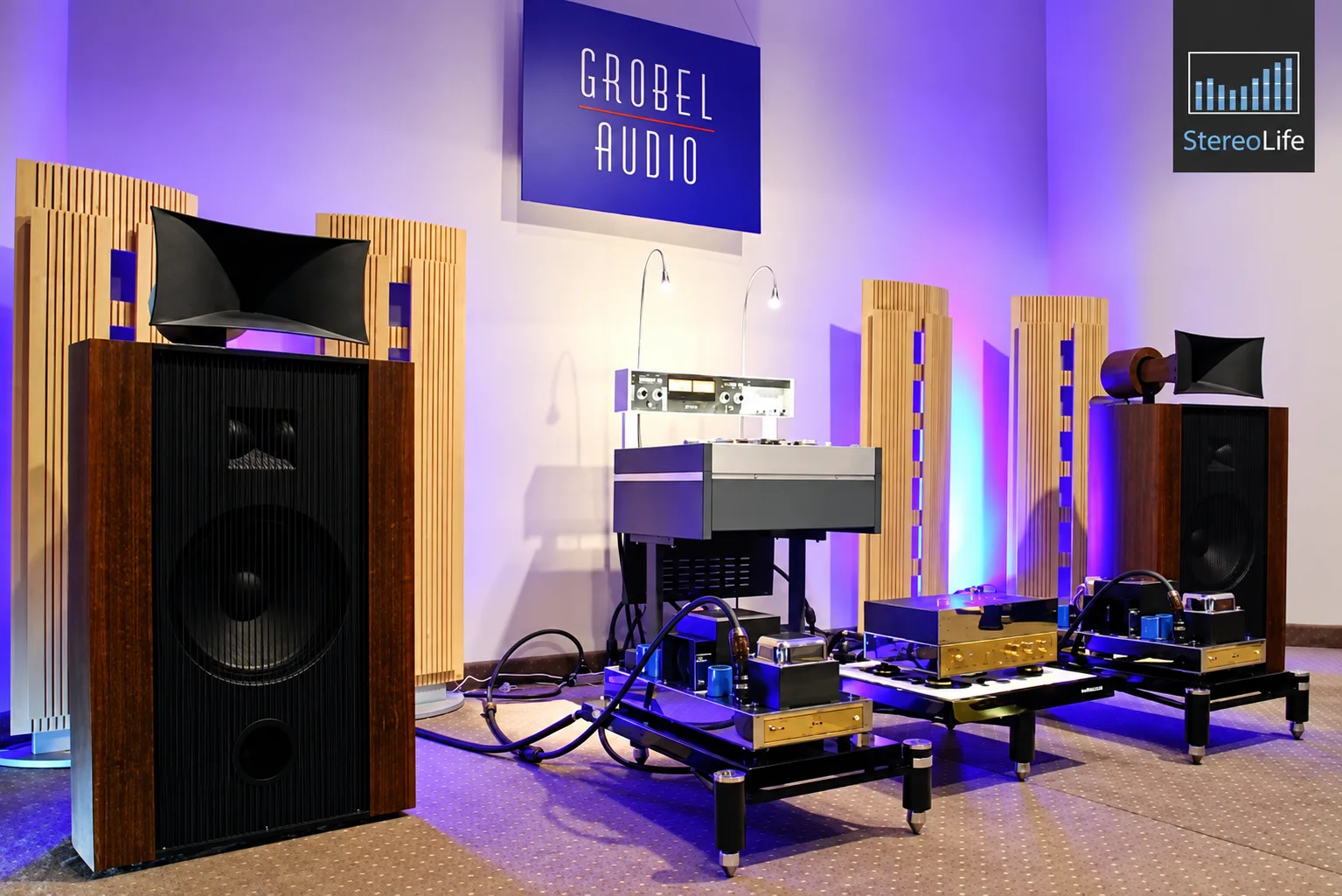 Destination Audio loudspeakers and electronics at an audio show.