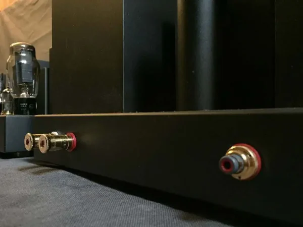 Close-up of a black Vista 3-Way Horn Speakers with vacuum tubes and colored audio input jacks.