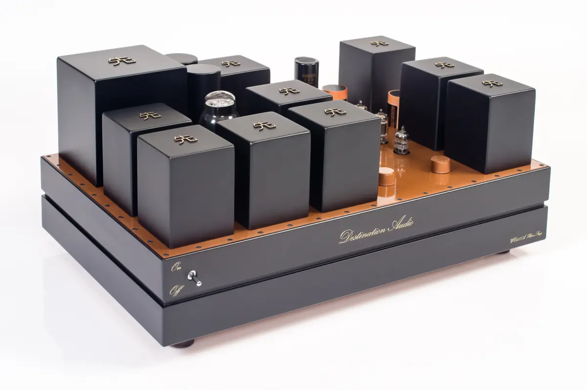 Destination Audio WE417A phono stage, front three-quarter view with the On/Off switch