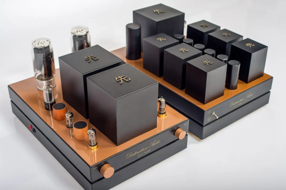 Destination Audio GM70 integrated amplifier with its separate power supply, three-quarter view