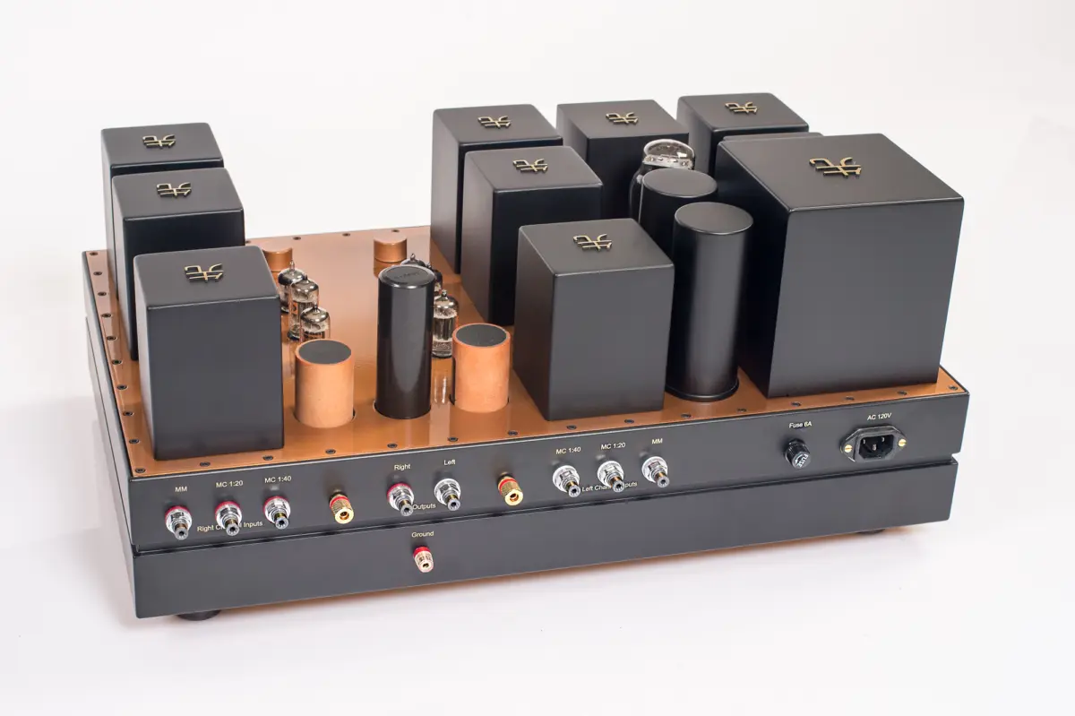 Rear view of the Destination Audio WE417A phono stage with its input and output jacks, fuse and mains socket