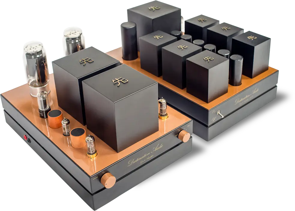 Destination Audio GM70 integrated amplifier and its separate power supply, black chassis with copper-colored top plates, transformer housings and vacuum tubes