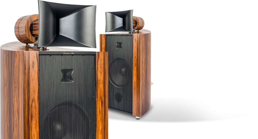 A pair of Destination Audio horn speakers with rosewood cabinets, black grilles and black horns