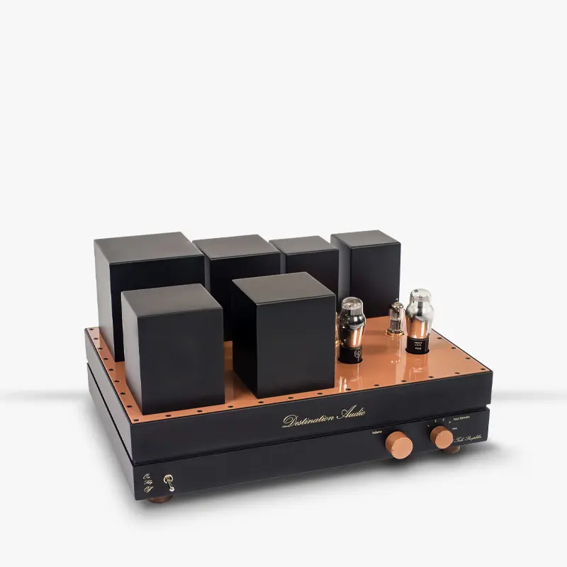 Destination Audio Line Stage 76 tube preamplifier with volume and input selector knobs and two tubes