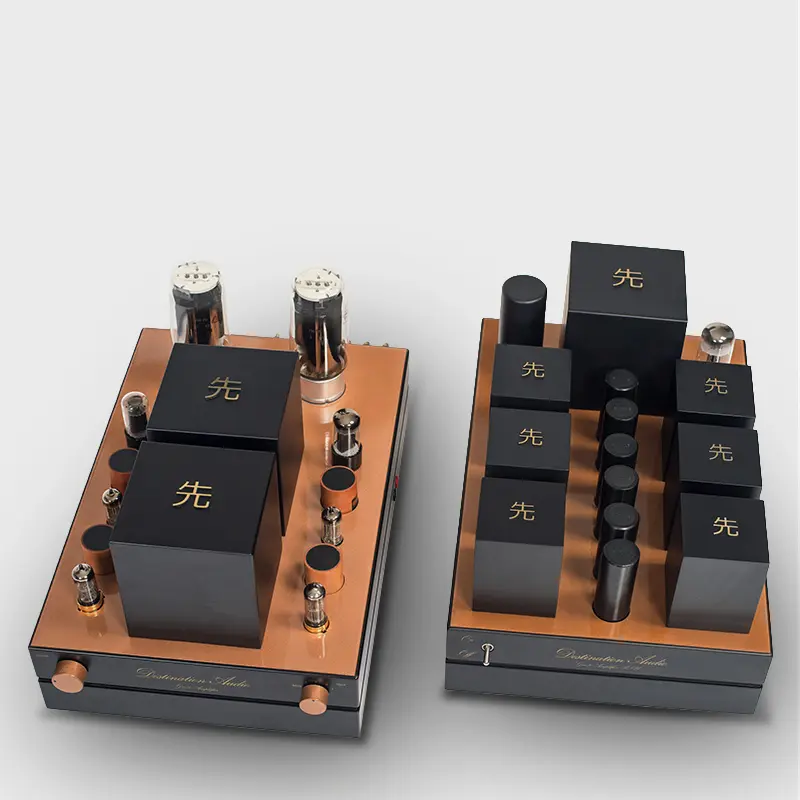 Destination Audio GM70 integrated amplifier and its separate power supply, seen from above